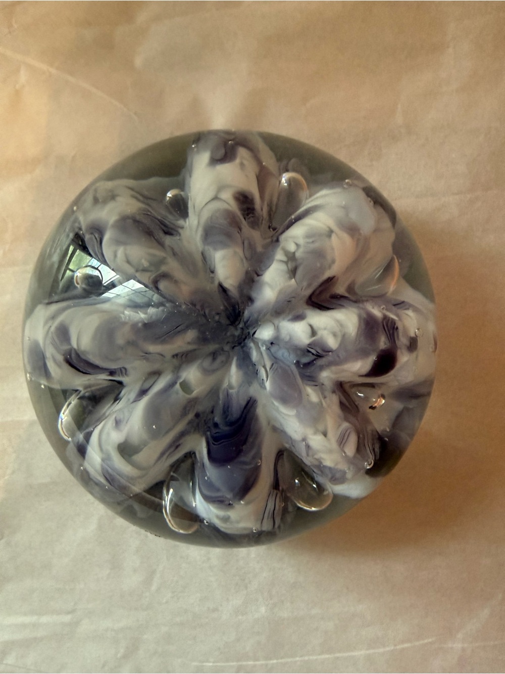 Hand-Blown Glass Paperweight - Swirled White and Gray Home Art